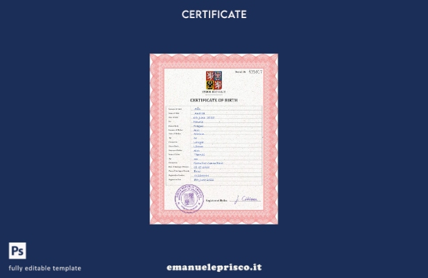 modello PSD del certificato di nascita dello stato di stato ceco in stile verifi